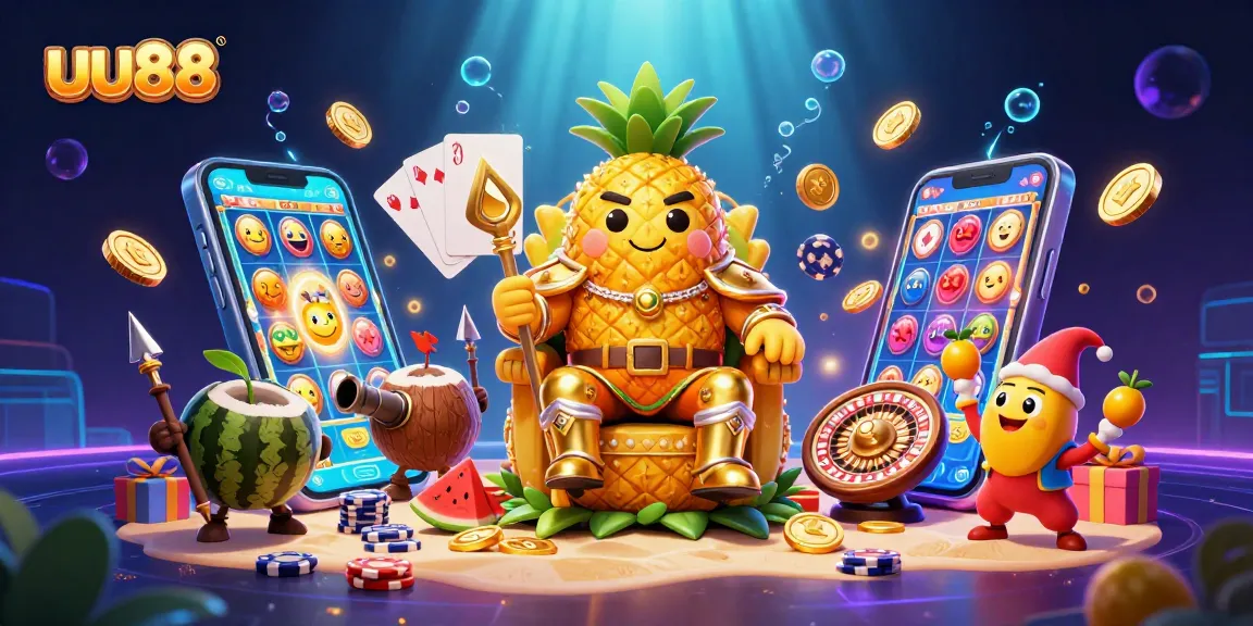 uu88 bets on colorful slots as a pineapple king with coconut guards reigns over a vibrant beach casino.