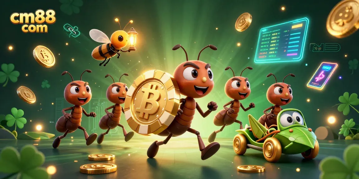 Experience thrilling action with cm88 com as ants heist a giant golden poker chip surrounded by crypto coins.