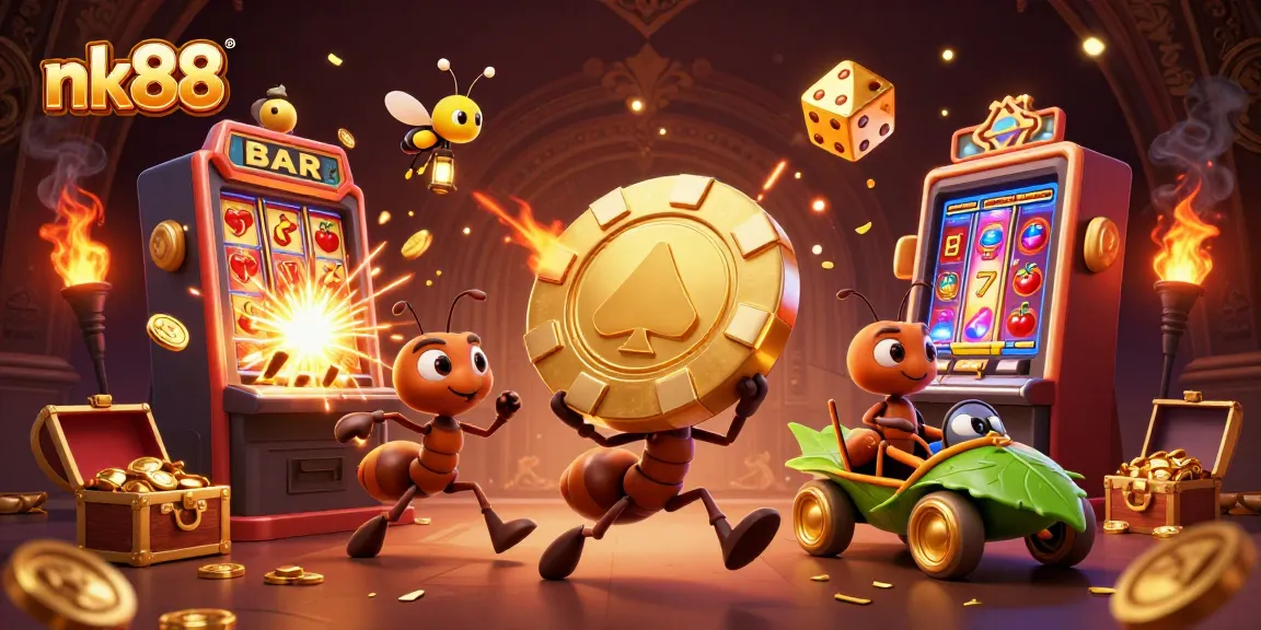 Experience the excitement at nk88 with a thrilling heist by cartoon ants, vibrant casino elements, and jackpots galore.