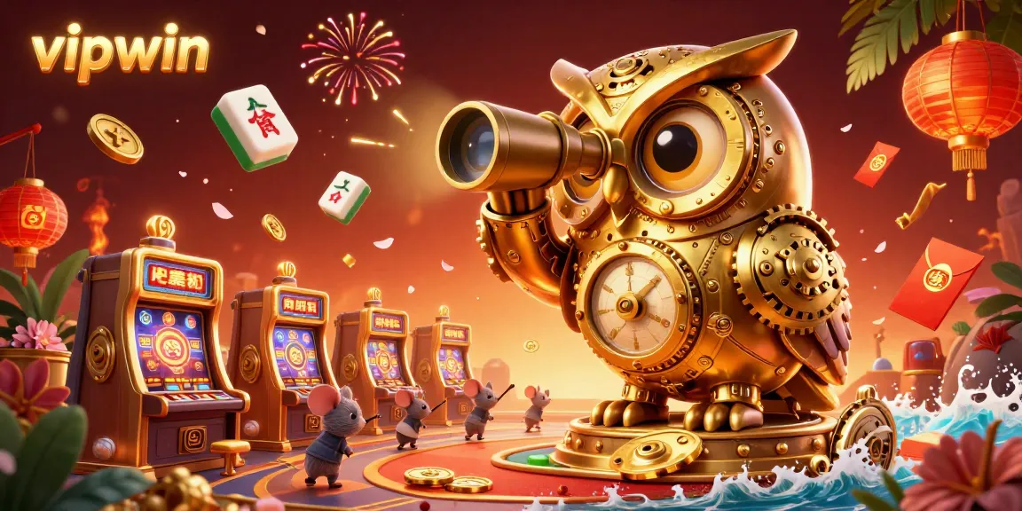 Experience thrilling gaming at vipwin with a golden owl overseeing dynamic casino action and vibrant gambling elements.