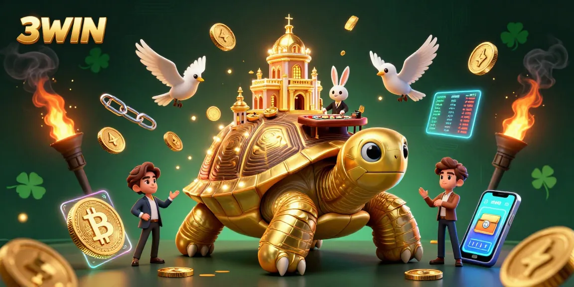 Experience winning at 3WIN with a vibrant 3D casino scene featuring a golden tortoise showcasing dynamic gaming elements.