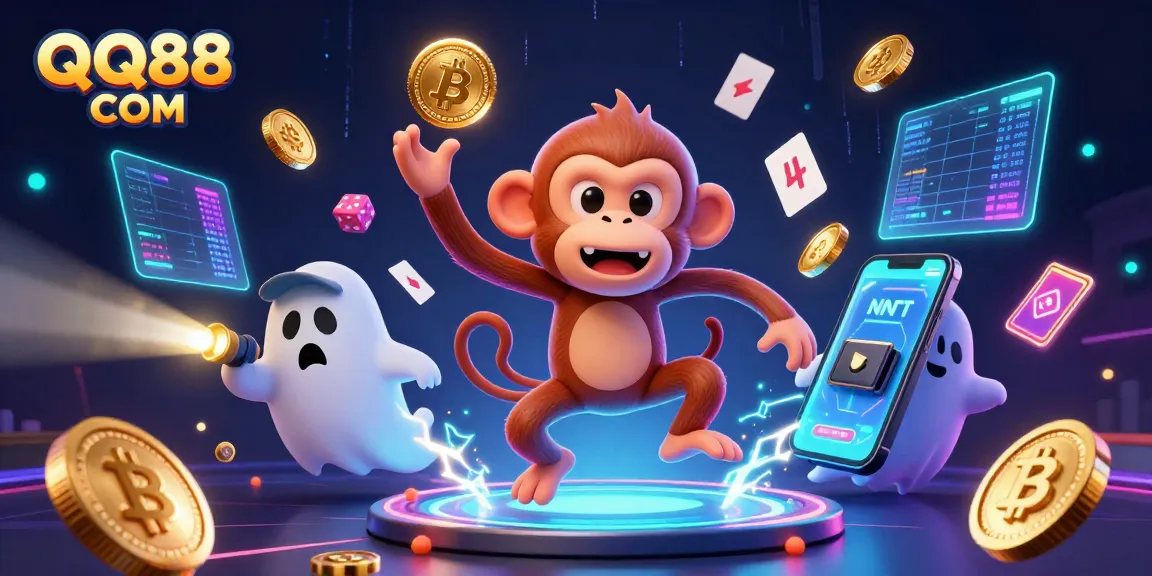 Experience the excitement of QQ88 COM with playful ghostly elements lighting up a haunted casino.