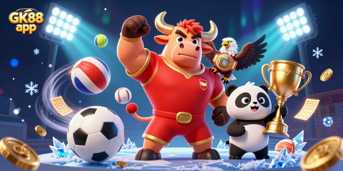 Experience thrilling wins with the GK88 app, featuring a vibrant cartoon mascot victory scene.