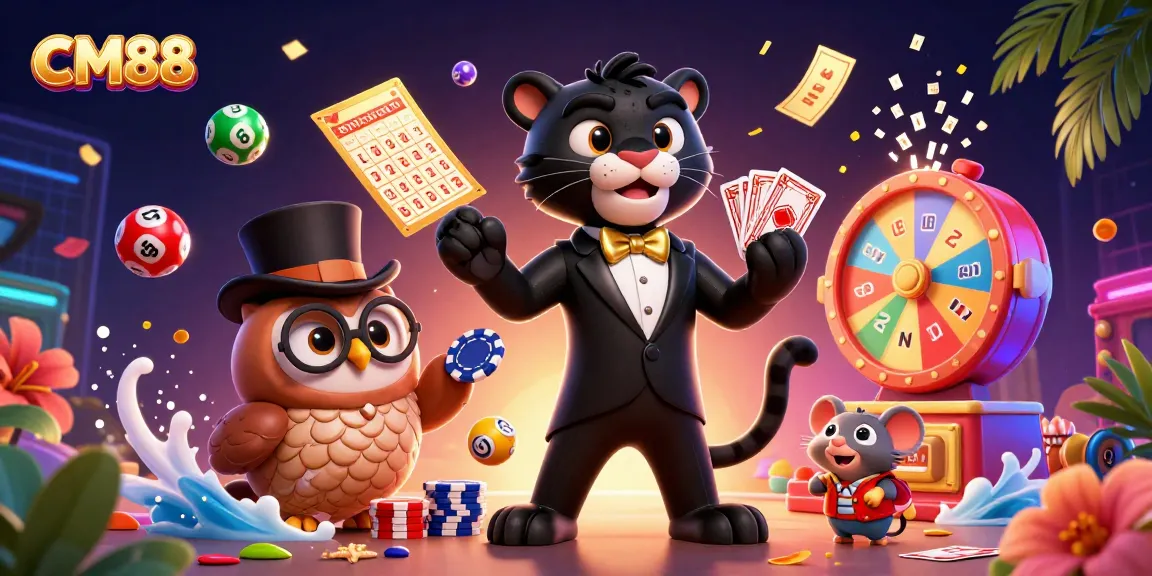 CM88 offers a lively casino scene with a tuxedo-clad panther, an owl with poker chips, and vibrant game elements.