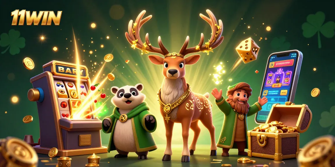 Win big with 11WIN featuring a stunning 3D casino scene filled with vibrant characters and games.