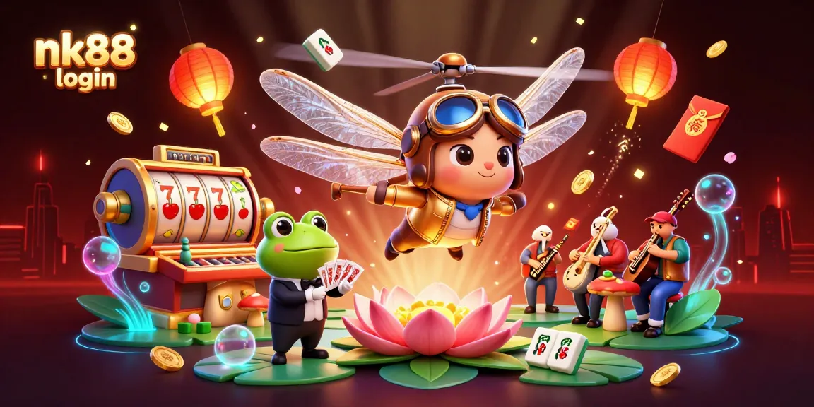 Play with nk88 login at a colorful lily pad casino, featuring thrilling slot reels, card games, and jazz performances.