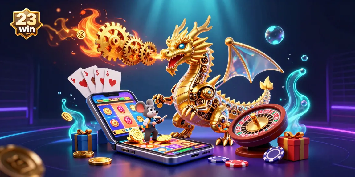 Experience the excitement of 23win com with golden coins, slot games, and a dragon in this vibrant 3D casino scene.