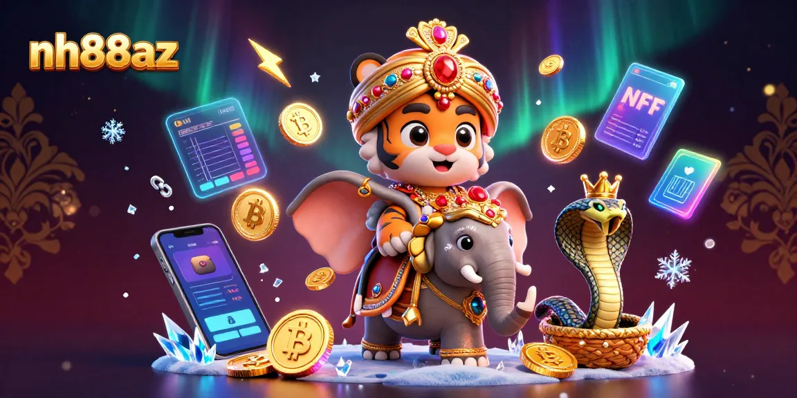Play slots with NH88AZ in a vibrant, dynamic casino atmosphere featuring exotic characters and crypto coins.