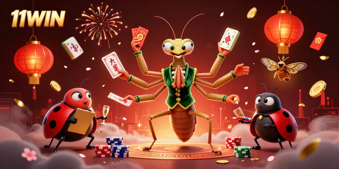 Win big at 11WIN with lively casino characters dealing cards and festive elements.