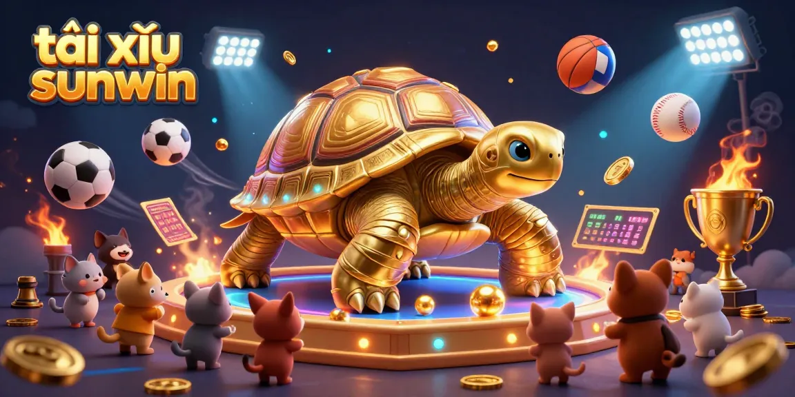 Engage with tài xỉu sunwin in a vibrant 3D scene featuring a golden tortoise and sports elements.