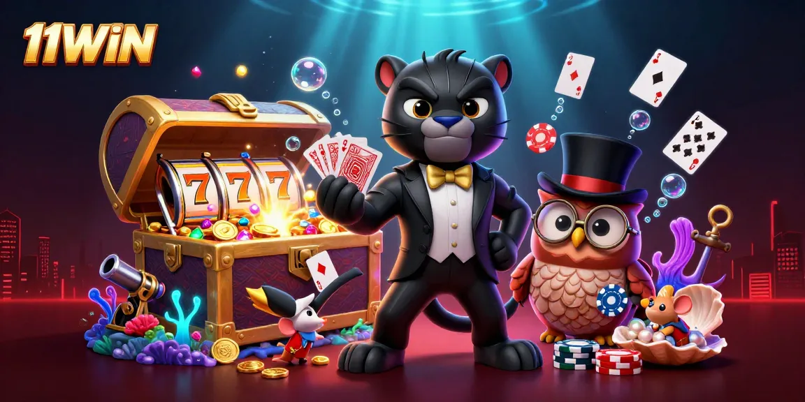 Experience thrilling 11WIN moments with a 3D cartoon scene featuring stylish characters and vibrant casino elements.