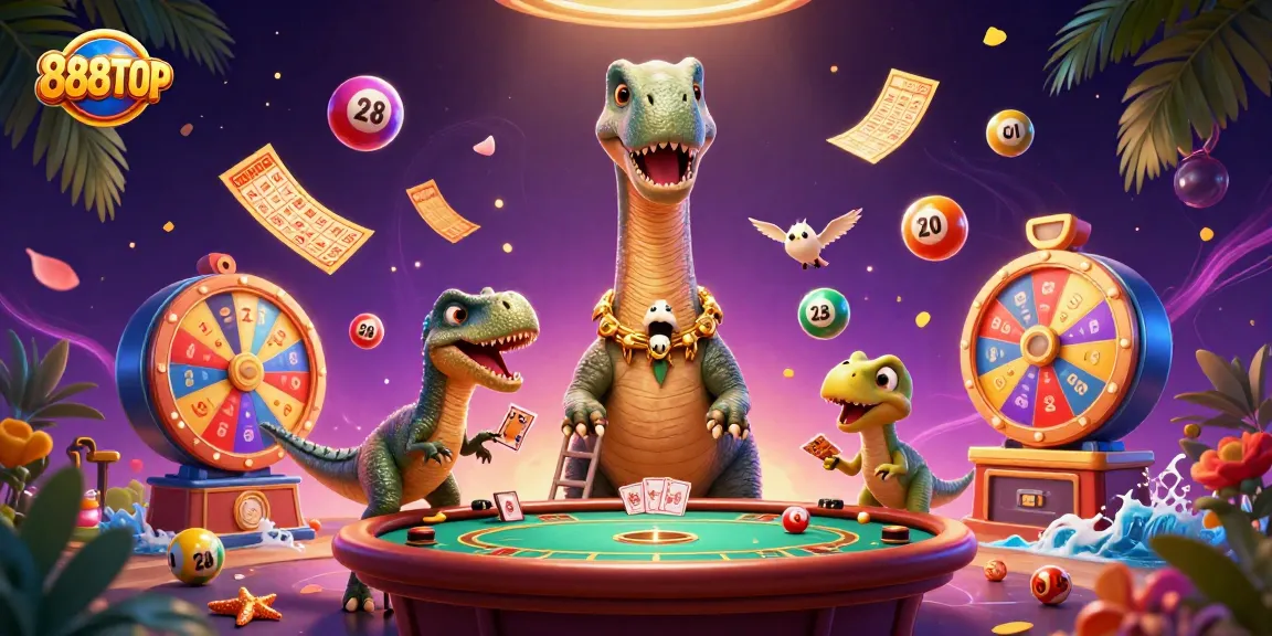 Play exciting games with 888TOP, featuring a whimsical dinosaur and dynamic casino action.