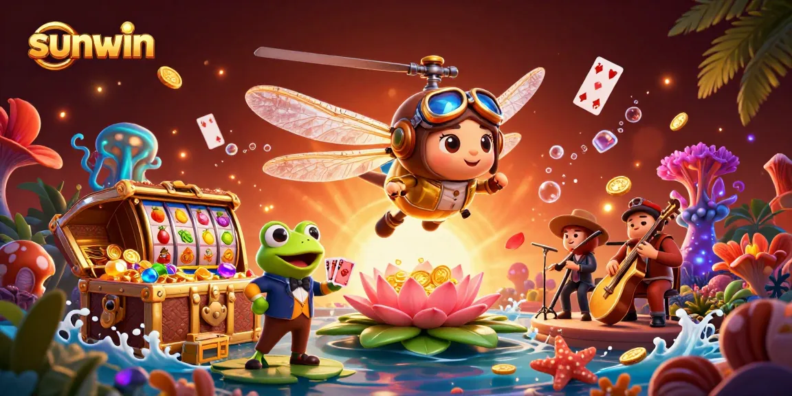 Experience sunwin's vibrant casino ambiance through a lively 3D illustration with exotic characters.