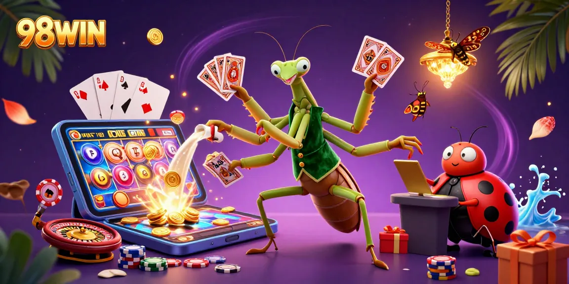 Engage with 98WIN's thrilling games featuring a lively casino scene with vibrant characters.