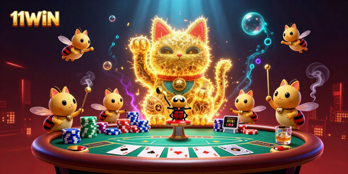 Experience the vibrant casino world of 11WIN with a golden lucky cat and poker elements.