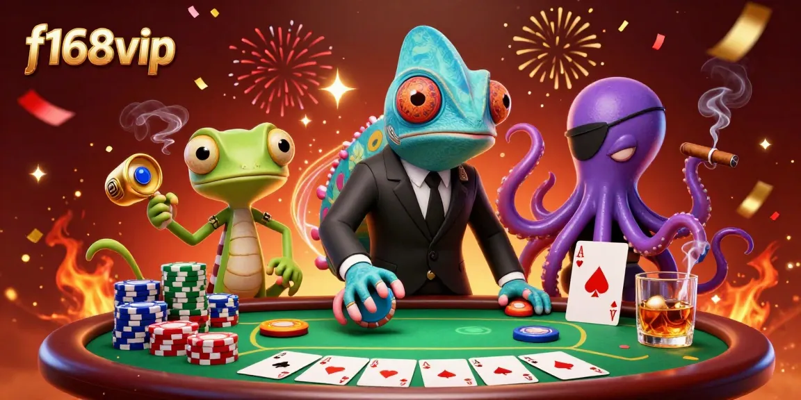 Experience thrilling poker action with f168vip featuring a secret agent chameleon and vibrant casino elements.