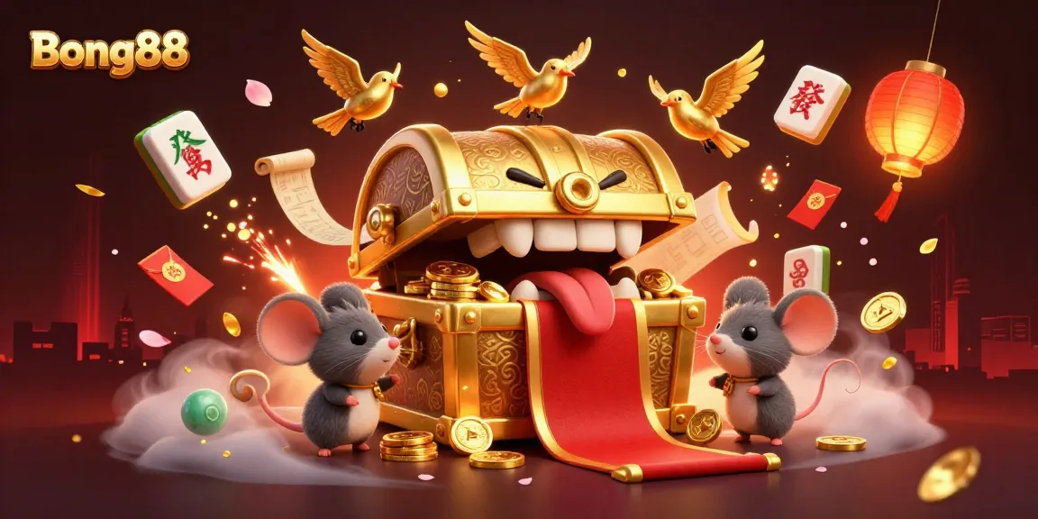 Bong88 captures thrilling gaming action with a treasure-themed cartoon scene loaded with golden riches and vibrant effects.