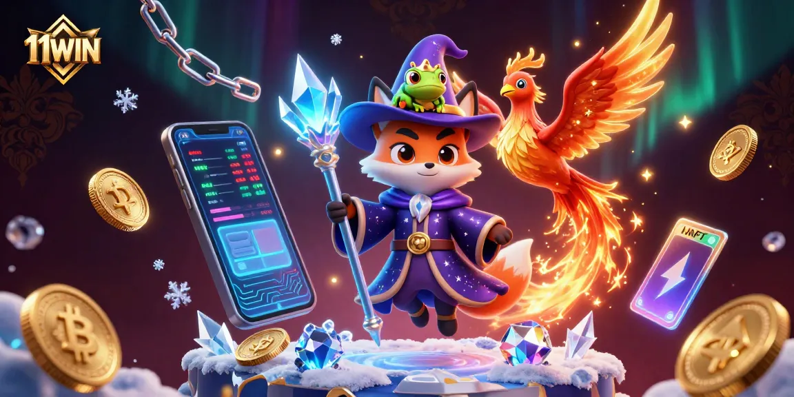 Engage with crypto gaming thrills at 11WIN featuring a wizard fox and phoenix.