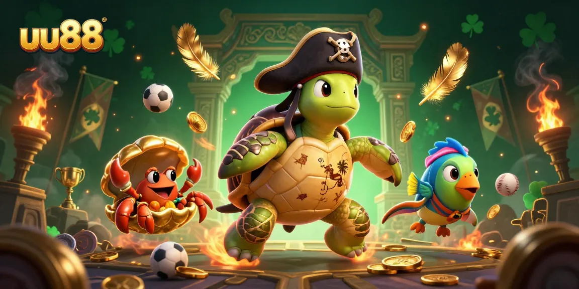 Experience thrilling sports betting with uu88's unique characters amidst dynamic gold coins and treasures.