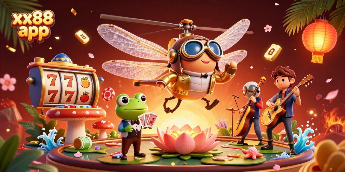 Engage with the vibrant xx88 app scene featuring a dragonfly pilot, frog croupier, and jazz musicians amidst dynamic casino elements.