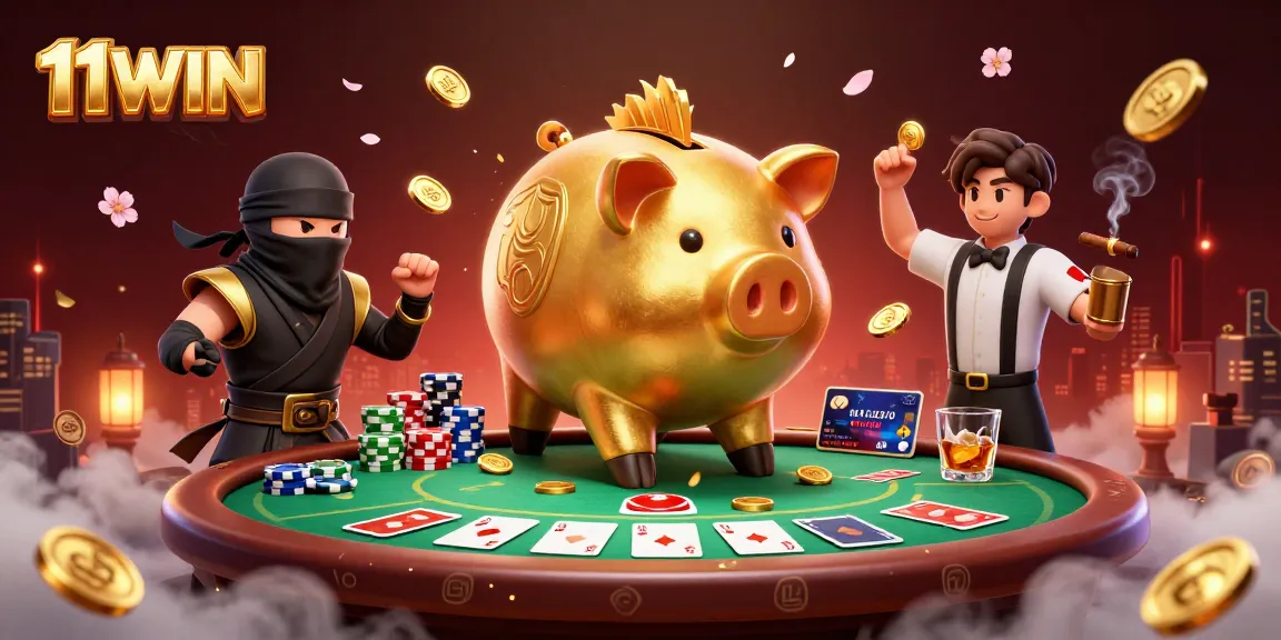 Engaging scene showcasing 11WIN's dynamic casino elements with a piggy bank sumo wrestler and vibrant poker table.