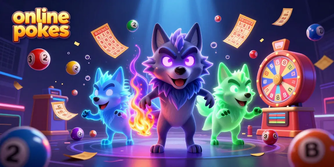 Engage with online pokies illustrated by a ghostly wolf trio amidst vibrant game elements.