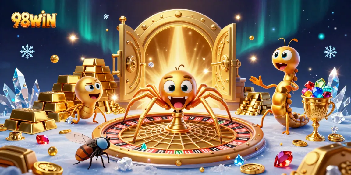 Bet on 98WIN with a golden spider spinning roulette web in an exciting casino scene.