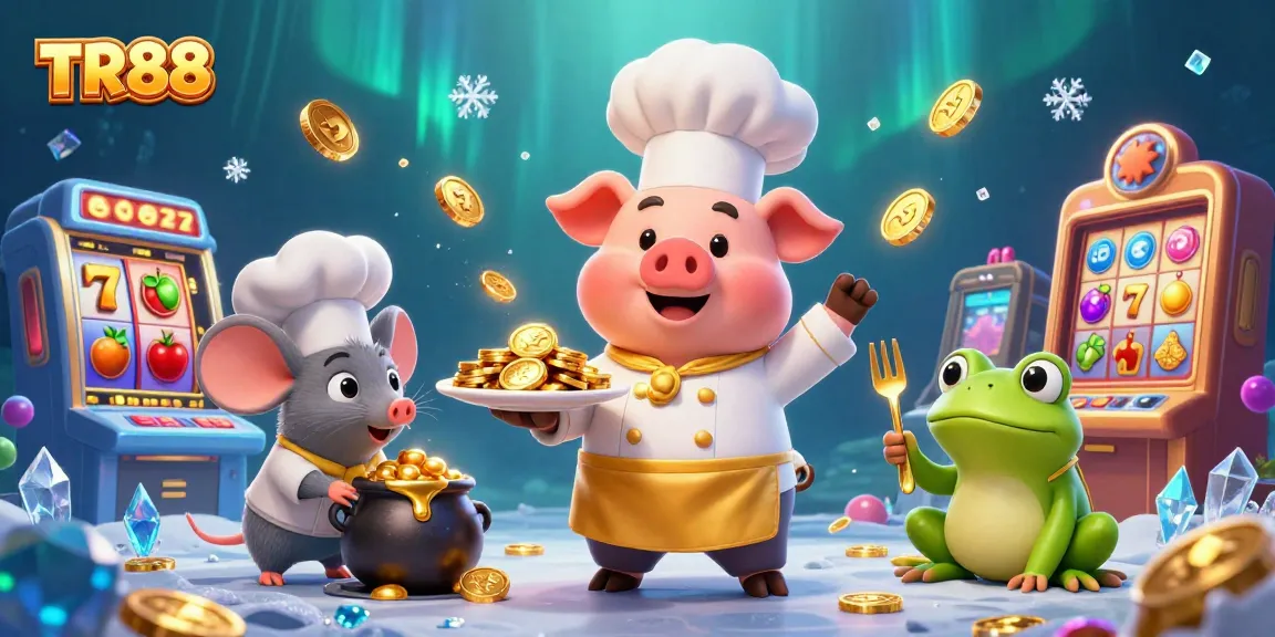 Experience the thrill of TR88 slots with vibrant 3D characters and gold coins in a dynamic illustration.