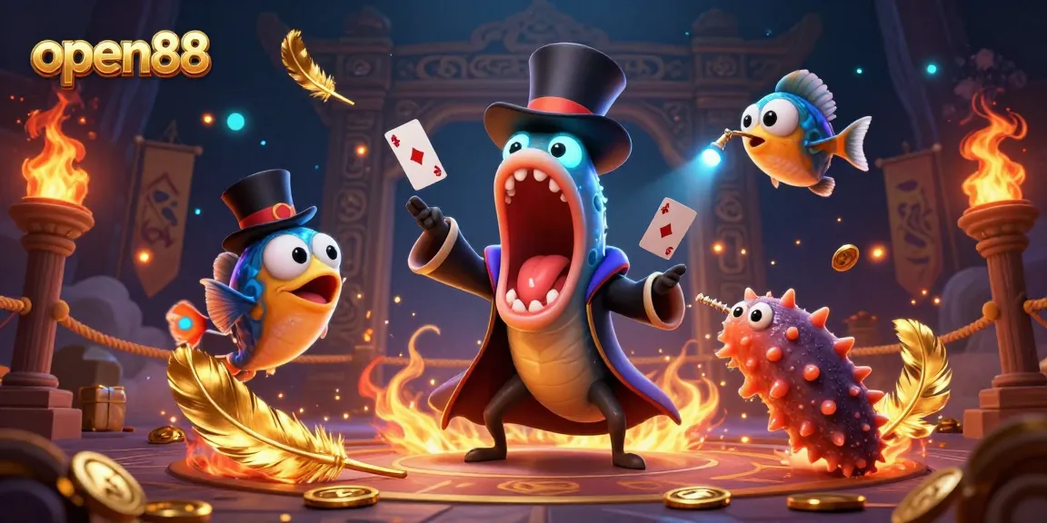 Experience thrilling card tricks with open88's magical deep-sea characters in a captivating illustration.