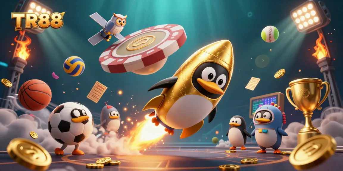 Engage in thrilling gambling at TR88 with a golden penguin and dynamic casino elements.