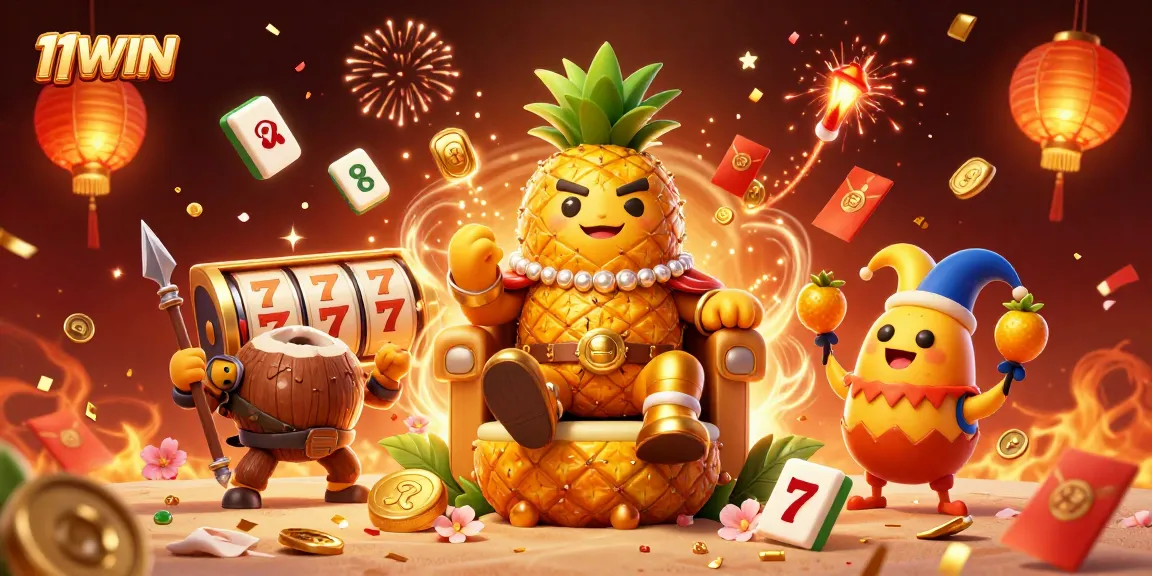 Join the excitement at 11WIN with a vibrant 3D casino scene featuring a playful pineapple king and lively game elements.