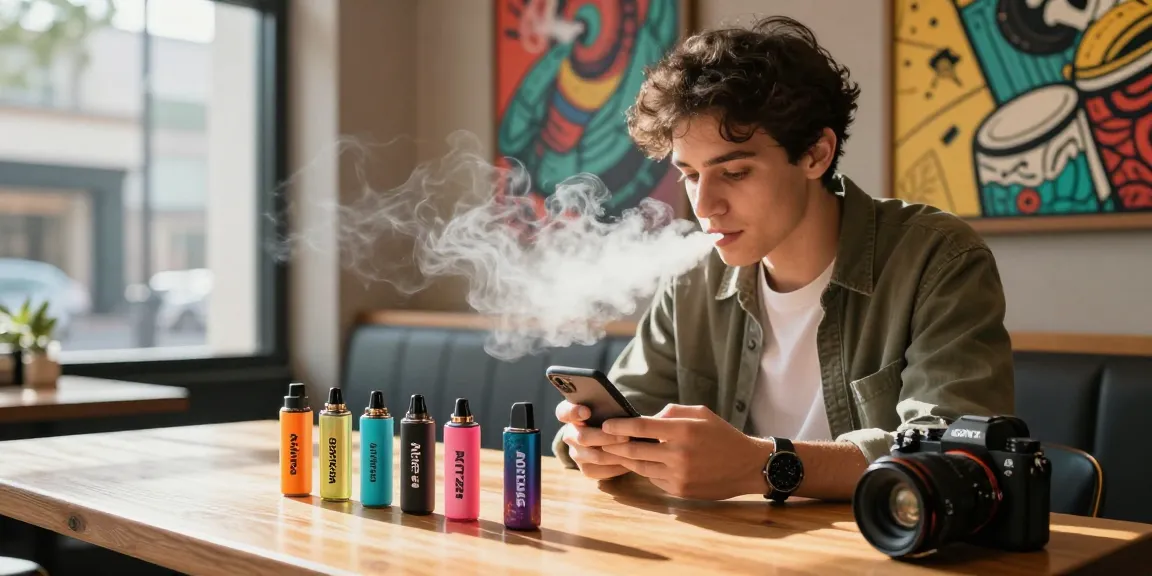 Explore the top disposable vapes shop in USA featuring colorful vape devices in a chic urban café setting.