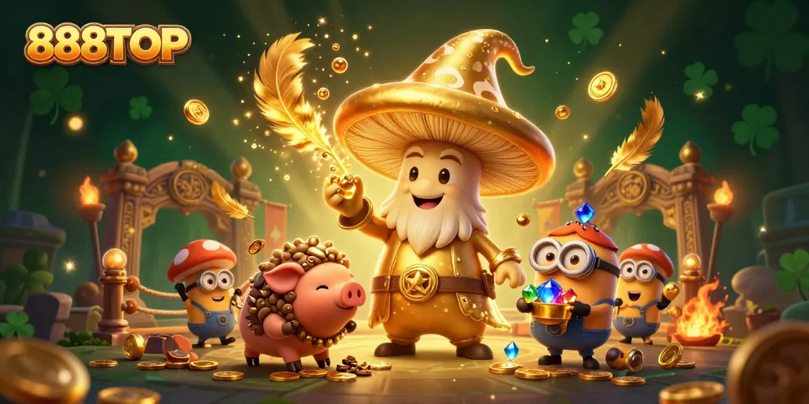 888TOP showcases a magical casino scene with a wizard and treasures, emphasizing immersive gaming excitement.
