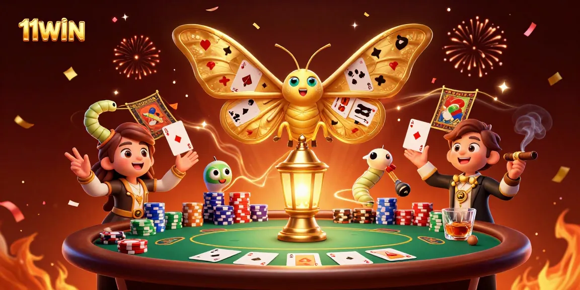 Experience thrilling poker action and vibrant casino scenes with 11WIN's enchanted moth and rich gaming elements.