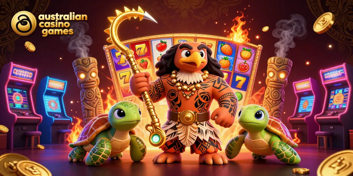 Experience australian casino games in a vibrant 3D scene featuring Polynesian characters and slot elements.