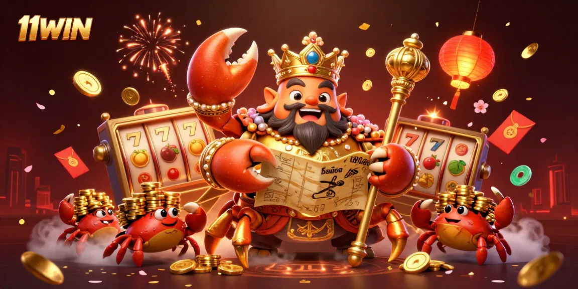 Experience vibrant gaming action with 11WIN's golden emperor crab and colorful slot symbols.