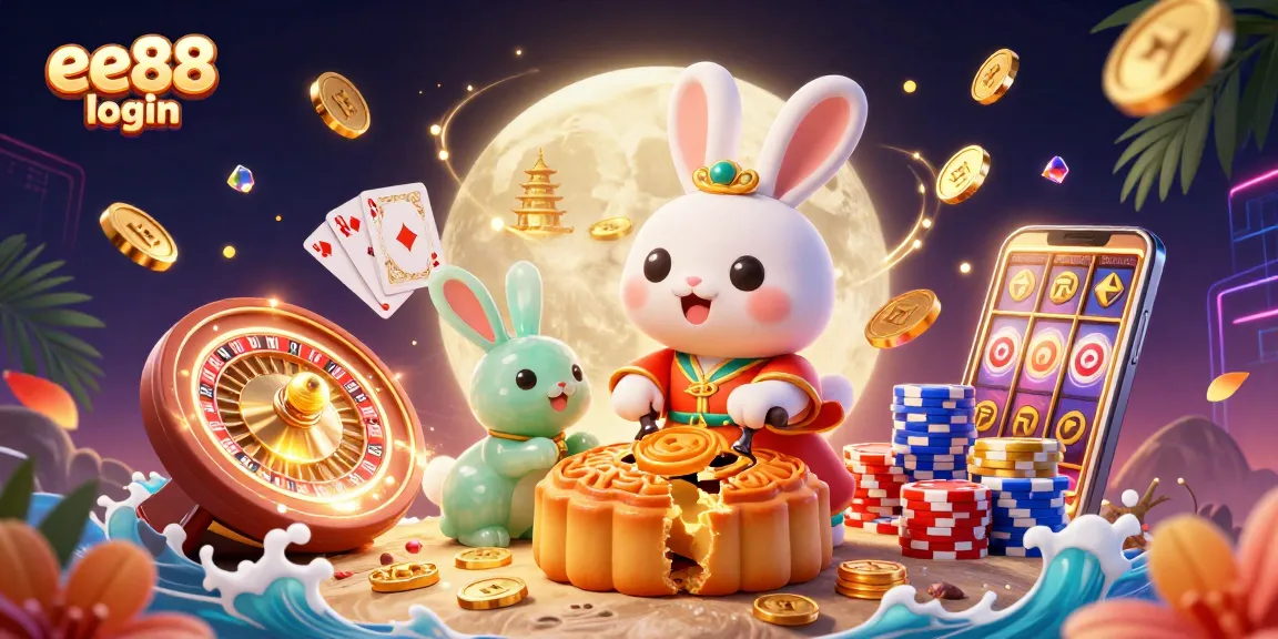 Engage in the thrilling ee88 login experience surrounded by a moon rabbit and vibrant casino elements.
