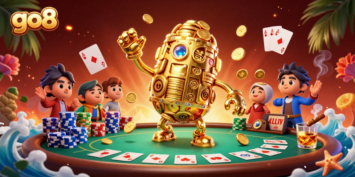 Experience thrilling gameplay with go8 as golden golem symbolizes jackpot excitement in vivid casino scene.