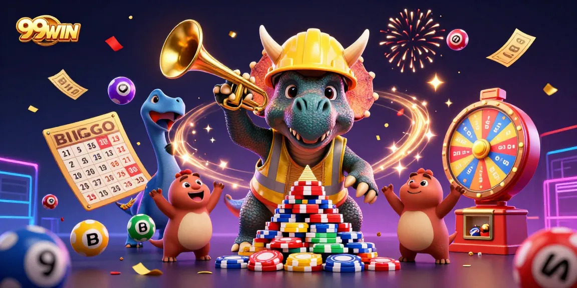 Win exciting bonuses at 99WIN, featuring a vibrant 3D casino scene with cheerful dinosaurs.