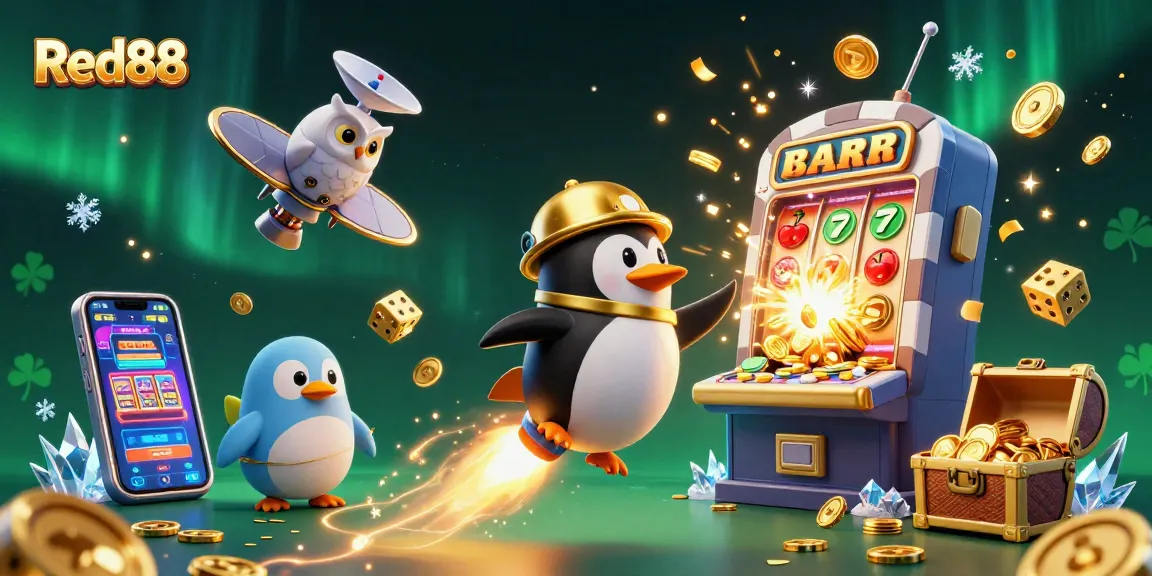 Catch the excitement of Red88 with a golden penguin blasting to a casino space station amidst a jackpot explosion.