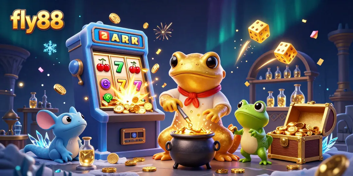 Experience gaming excitement at fly88 with a vibrant 3D illustration of games, gold coins, and enchanting characters.