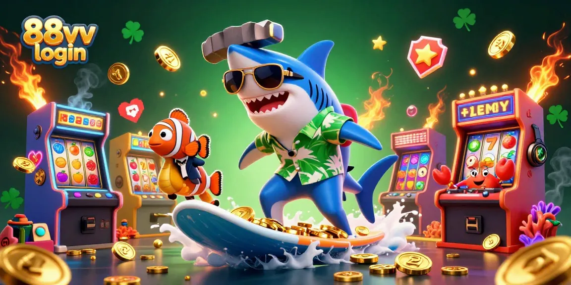 Join the fun with 88vv login, featuring a shark, clownfish, and crab amidst slot machines and gold coins.