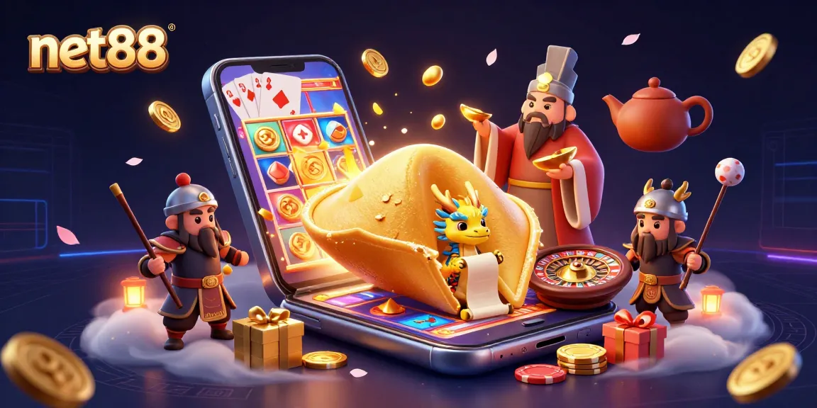 Engage with exciting net88 casino themes through a vibrant, intricate 3D illustration of fortune motifs and gaming elements.